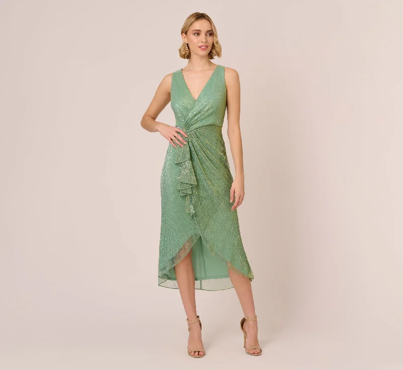 Spring dresses with a silk finish for an elegant look -Crinkle Metallic Faux Wrap Dress With Draped Detail In Green Slate
