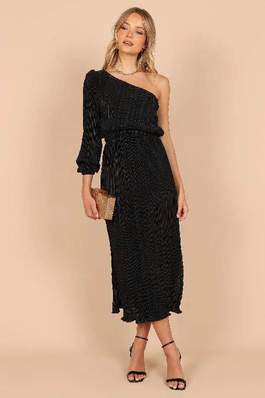 Trendy wedding guest dresses with pleated skirts for a polished look -Pontee One Shoulder Pleated Midi Dress - Black