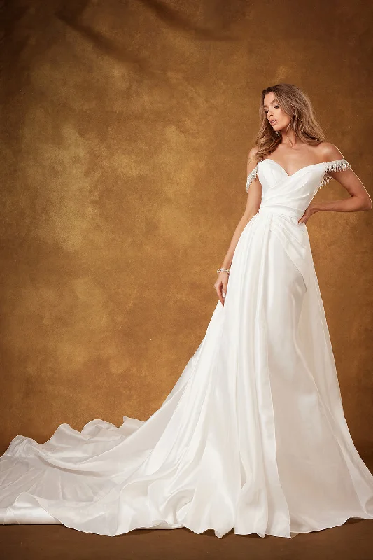 Budget-friendly wedding guest dresses that look expensive -Satin Off Shoulder Bridal Gown by Abby Lane 97212