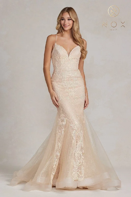 formal dresses with built-in cooling technology for hot climates --Glitter Applique Tulle Mermaid Gown by Nox Anabel C1108