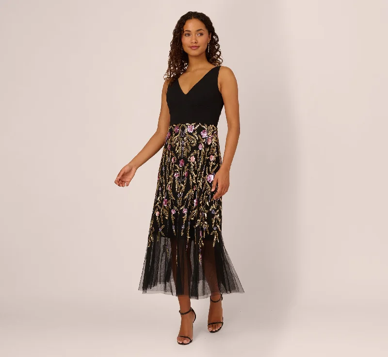 Wedding guest dresses with intricate beadwork for a luxurious look -Sleeveless Crepe Gown With Floral Beaded Skirt In Black Multi