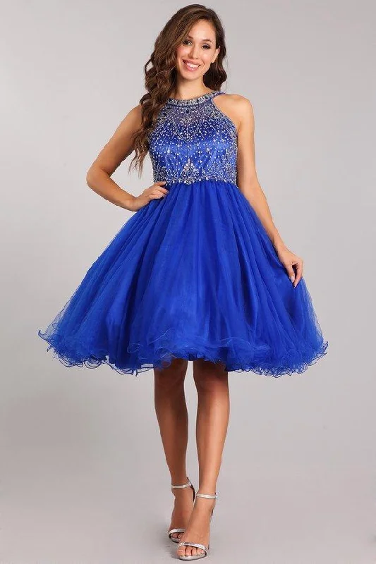 Boho-inspired party dresses for casual events -Beaded Short Halter Dress with Ruffled Skirt by Cinderella Couture 5022
