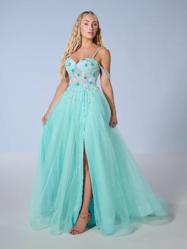 cocktail dresses with peplum details for hourglass figures --Cold Shoulder A-line Slit Gown by Tiffany Designs 16251