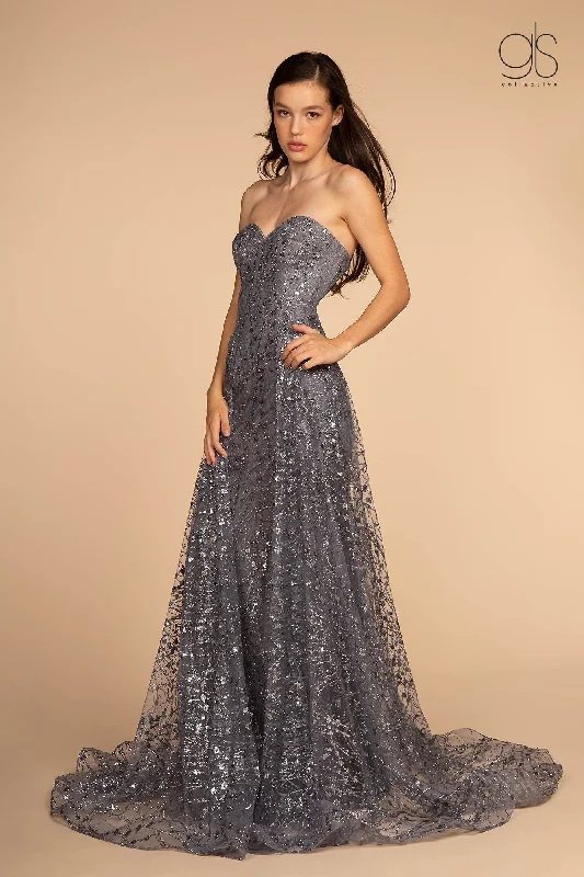 formal dresses for evening galas with sequin embellishments --Long Strapless Glitter Print Dress by Elizabeth K GL2587