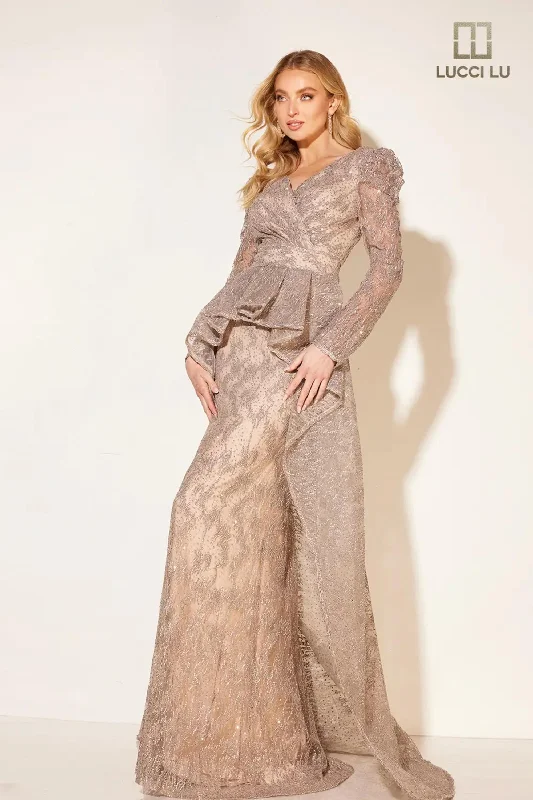 cocktail dresses with corset tops for structured fit --Fitted Long Sleeve Peplum Gown by Lucci Lu C8016