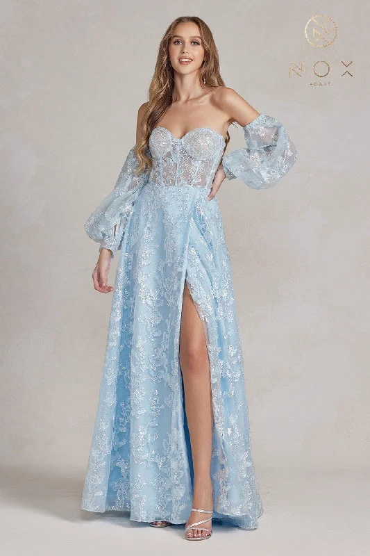 formal dresses for tall women with empire waistlines --Butterfly Applique Puff Sleeve Gown by Nox Anabel K1155