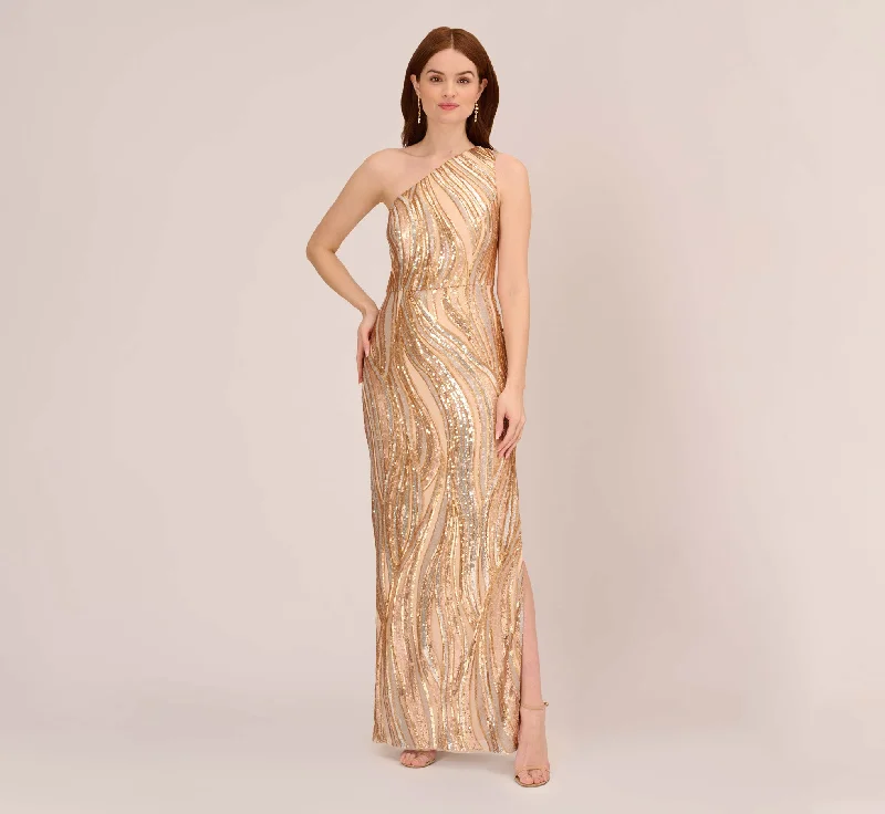 formal dresses for post-surgery patients with easy closures --One Shoulder Abstract Sequin Gown In Champagne Gold Multi