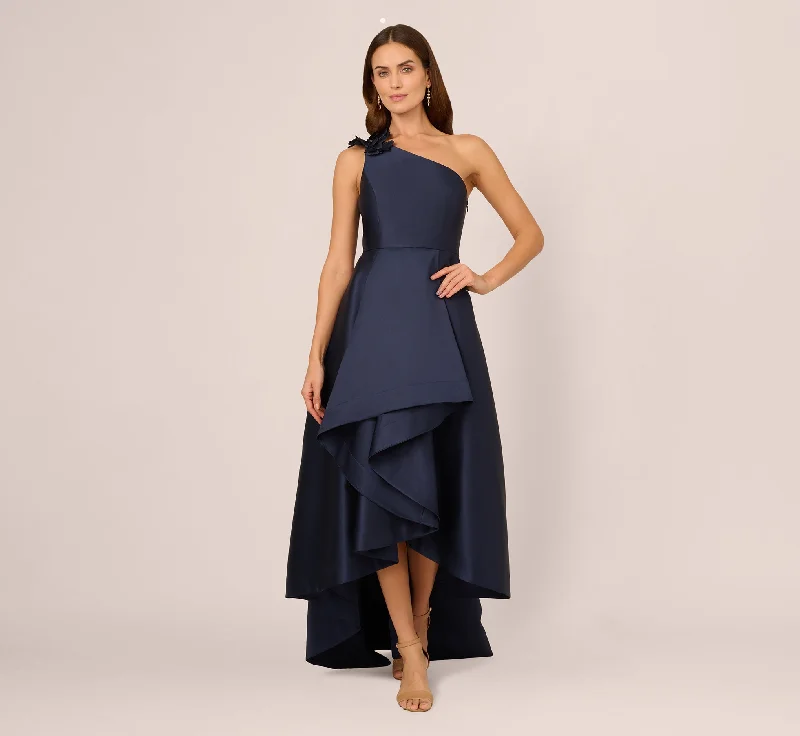formal dresses for post-surgery patients with easy closures --One Shoulder Draped Mikado High Low Gown In Midnight