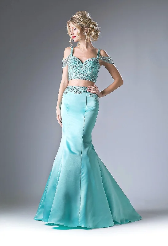 Wedding guest dresses that match well with statement jewelry -Long Cold Shoulder Two Piece Dress by Cinderella Divine P209