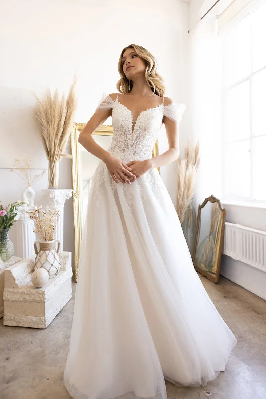 Wedding guest dresses for beach or destination weddings -Applique Off Shoulder Bridal Gown by Abby Lane 97207