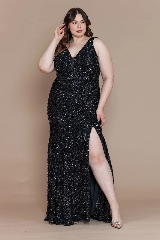 Sophisticated wedding guest dresses with tailored lines and cuts -Plus Size Fitted Sleeveless Sequin Slit Gown by Poly USA W1122