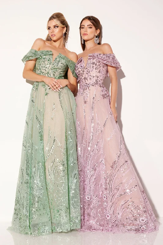 cocktail dresses with off-shoulder ruffles for feminine flair --Beaded Off Shoulder A-line Gown by Lucci Lu C8035