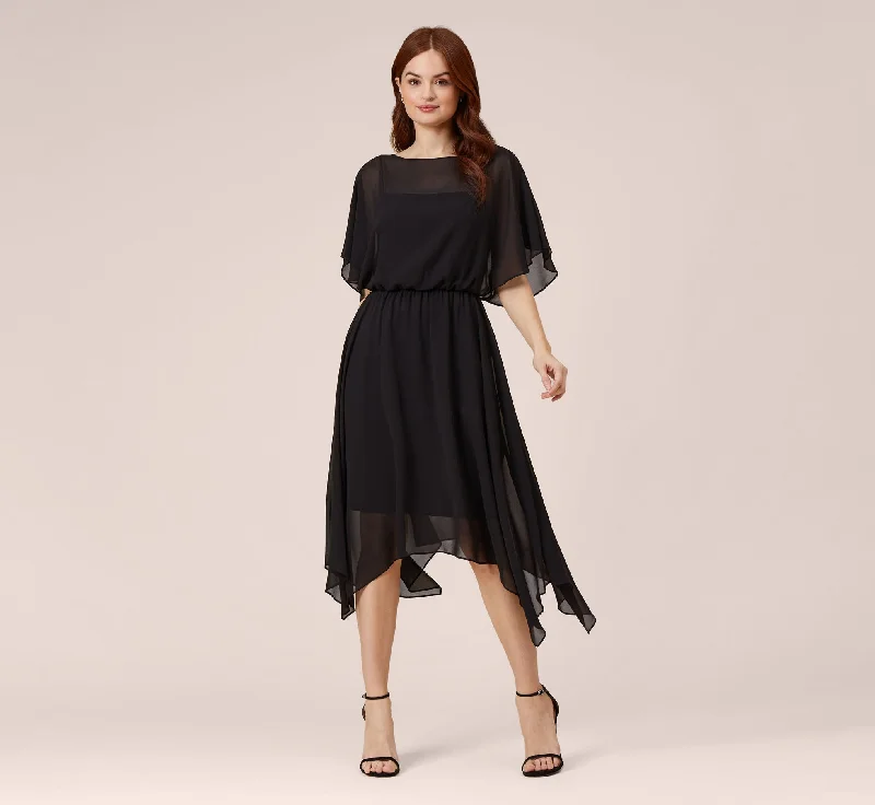 Spring dresses for a bohemian wedding with natural fabrics -Chiffon Blouson Midi Dress With Flutter Sleeves In Black