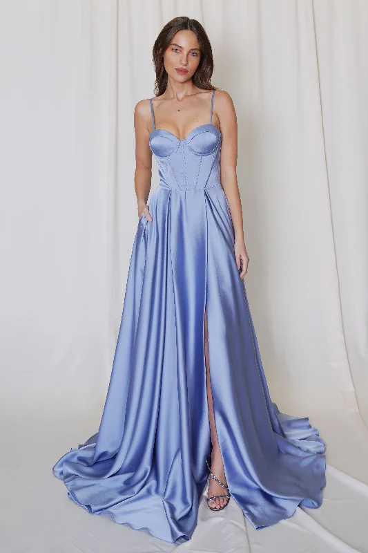 cocktail dresses with two-tone designs for modern look --Satin Sleeveless A-line Slit Gown by Juno A1039