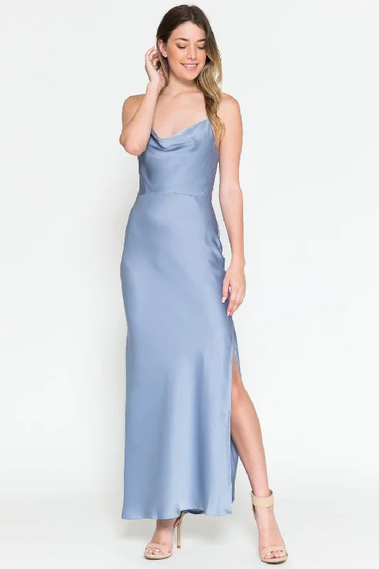 plus size chiffon bridesmaid dresses with A-line skirts --Satin Cowl Tea Length Dress by Amelia Couture 6115