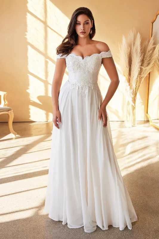 bridesmaid dresses with sequined bodices for sparkle and shine --White Off Shoulder Lace Bodice Gown by Cinderella Divine 7258W