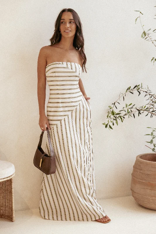 Fashionable satin cocktail dresses for fancy dinners -Maliah Maxi Dress - Vory Stripe