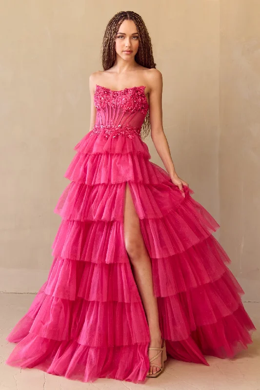 cocktail dresses with asymmetrical hemlines for trendy looks --Strapless Tiered A-line Gown by Amelia Couture 9053
