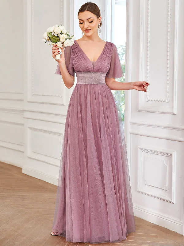 formal dresses for maternity with stretchy waistbands --Deep V-Neck Short Ruffles Sleeves A Line Wholesale Bridesmaid Dresses