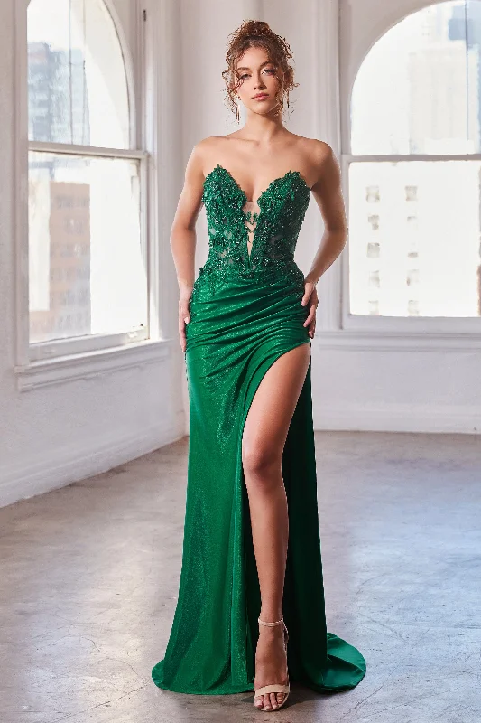 cocktail dresses with sequined bodices for sparkle --Fitted Applique Satin Strapless Slit Gown by Ladivine CDS465