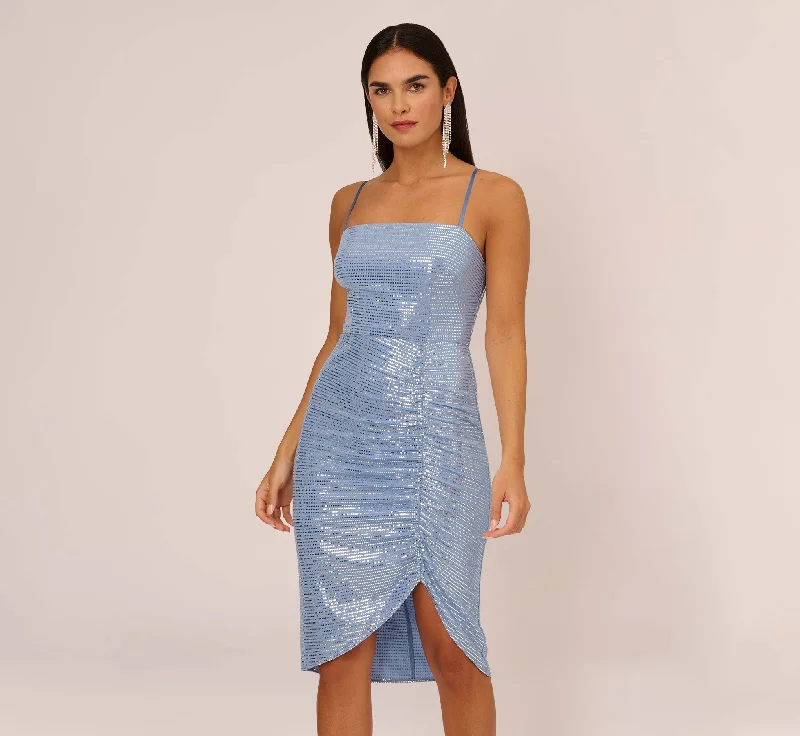 Wedding guest dresses with lace details for a feminine touch -Sequin Knit Cocktail Dress With Ruched Details In Air Force