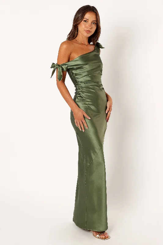 formal dresses with chiffon overlays for soft flow --Selma Off Shoulder Maxi Dress - Olive