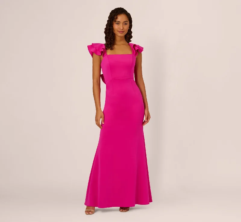 formal dresses for cocktail parties with fitted silhouettes --Flutter Sleeve Mermaid Gown In Fuchsia