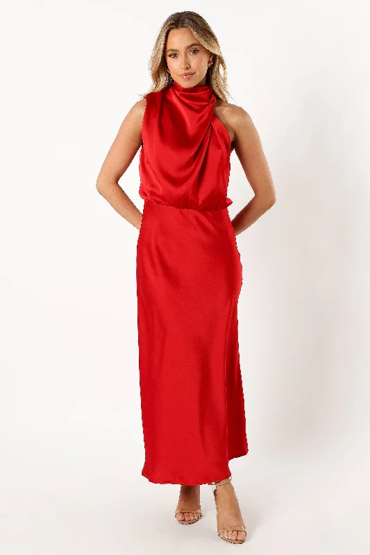 bridesmaid dresses with chiffon overlays for soft texture --Anabelle Halter Neck Midi Dress - Red