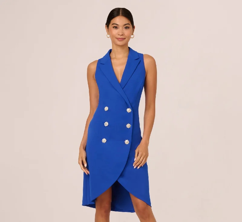Spring dresses for transitional weather with layers -Jewel Button Tuxedo Short Dress In Deep Sapphire