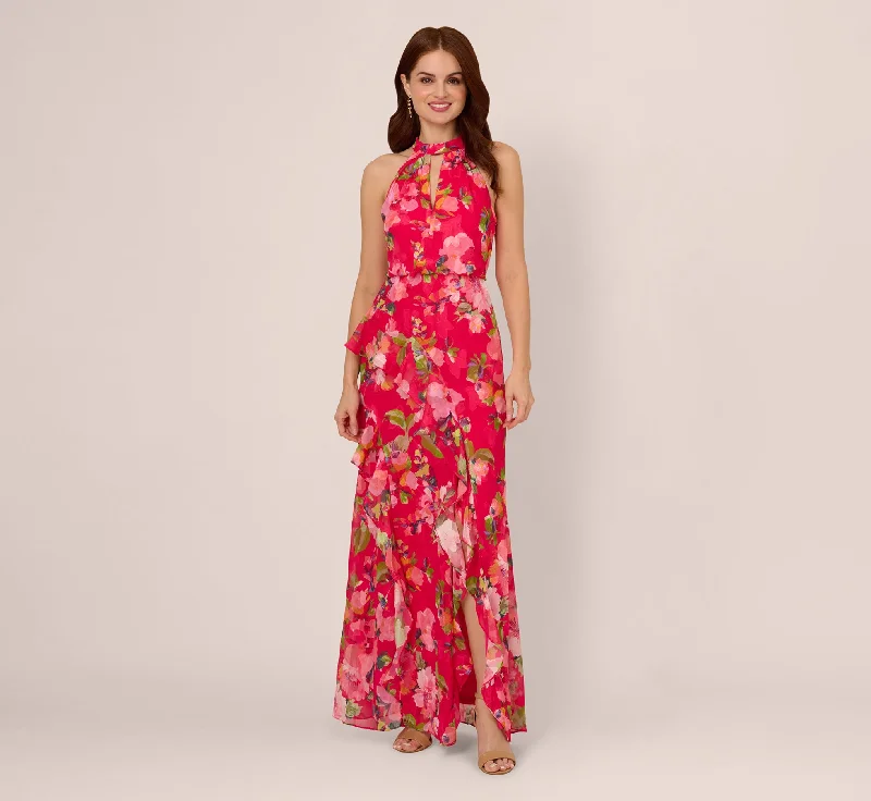 formal dresses with satin fabric for smooth finish --Floral Chiffon Keyhole Halter Maxi Dress In Pink Multi