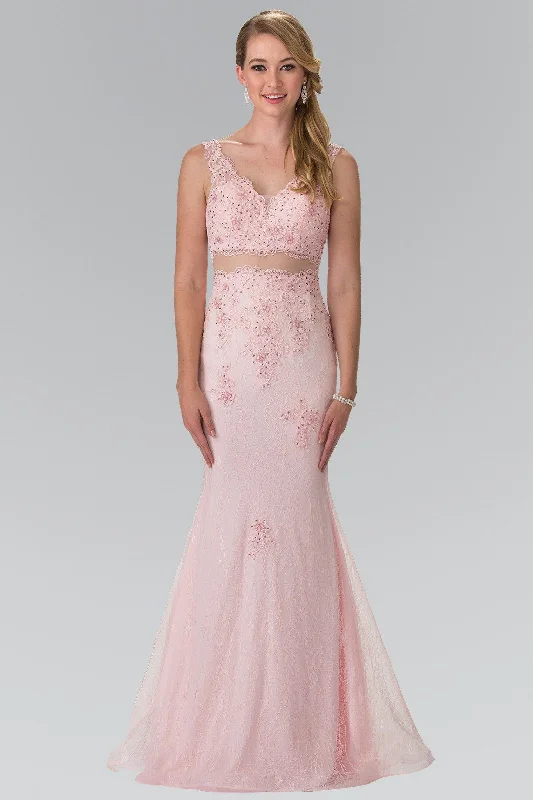 formal dresses with satin sashes for waist accentuation --Mock Two-Piece Embroidered Lace Dress by Elizabeth K GL2240