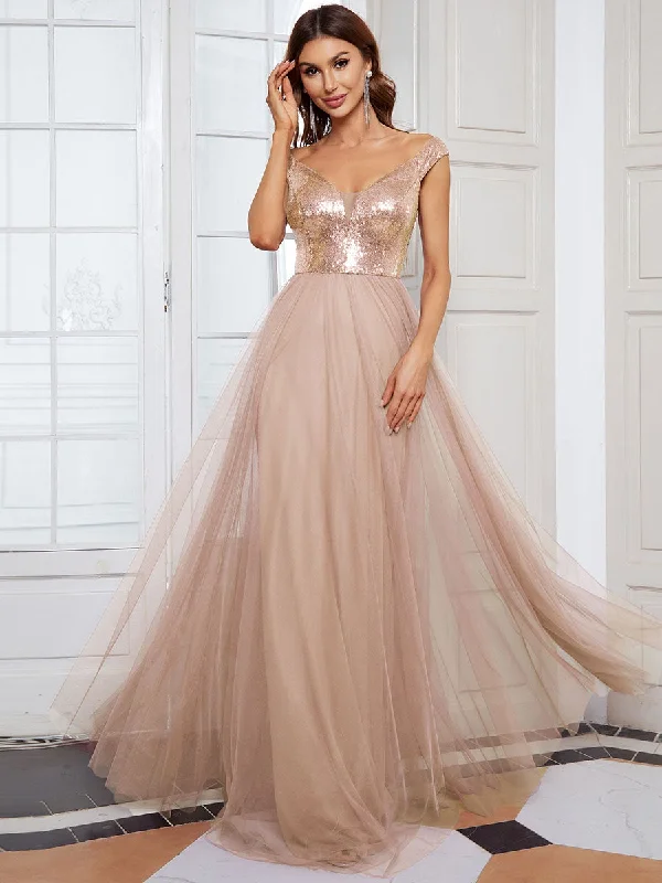 formal dresses for office parties with knee-length cuts --Wholesale Off Shoulder Tulle & Sequin Sleeveless Evening Dress