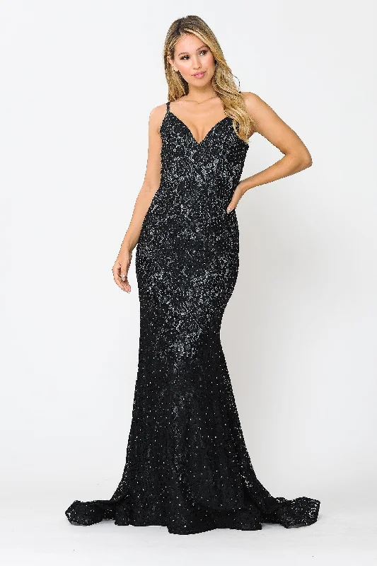 bridesmaid dresses with off-shoulder necklines for formal events --Long Sleeveless Beaded Lace Mermaid Dress by Poly USA 8590