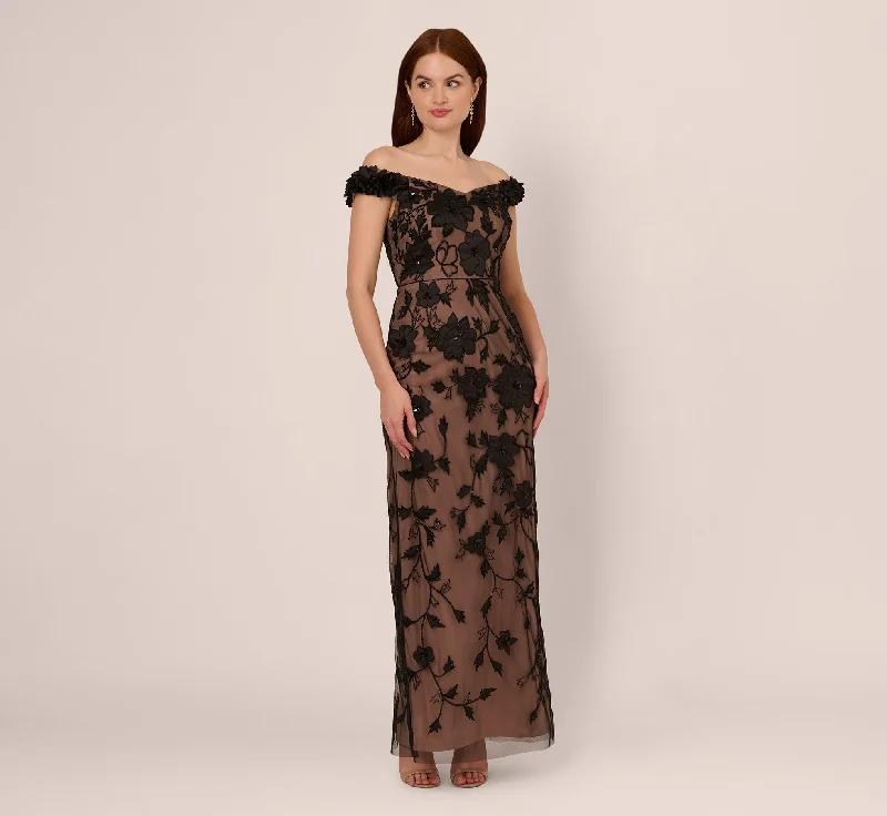 formal dresses with halter necks for summer galas --Off The Shoulder Beaded Column Gown With Rosette Accents In Black Rosegold