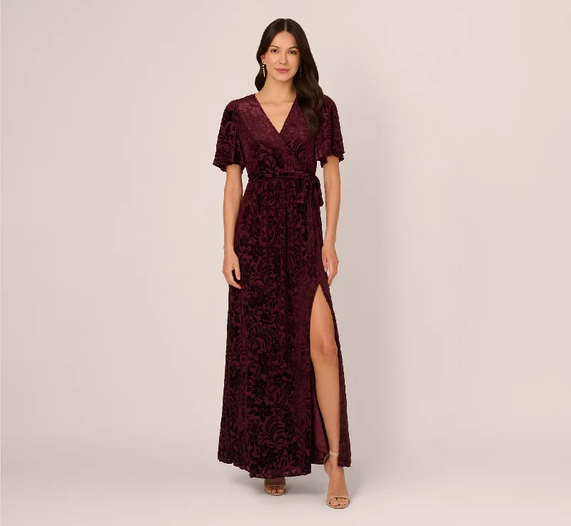 Spring dresses for romantic dinners with a soft touch -Burnout Velvet Maxi Dress In Burgundy