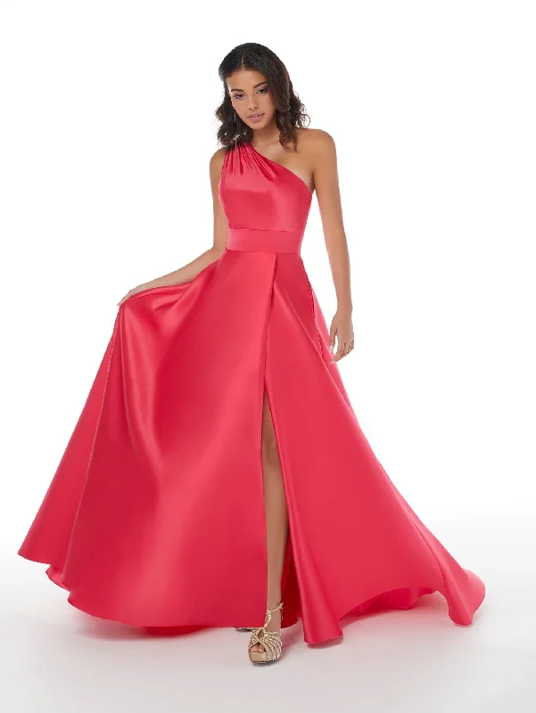 cocktail dresses with open shoulder designs for summer --Satin One Shoulder A-line Slit Gown by Studio 17 12861