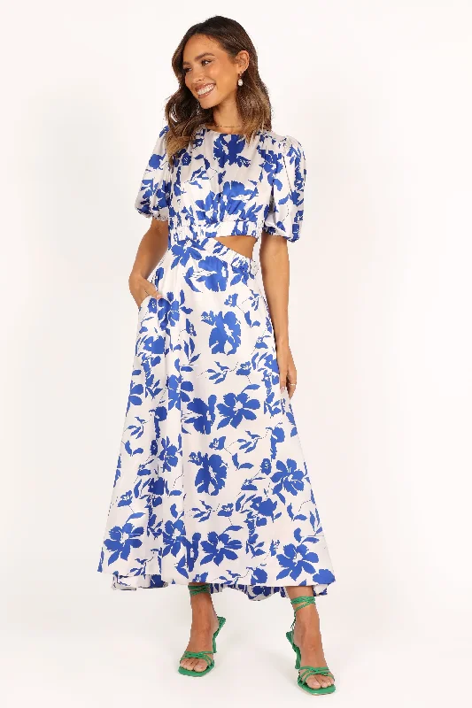 Bridesmaid party dresses for wedding guests -Aminah Puff Sleeve Dress - Blue Floral