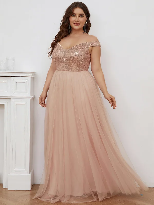 formal dresses with embroidered beadwork for luxury appeal --Plus Size Wholesale High Waist Tulle & Sequin Sleeveless Evening Dress