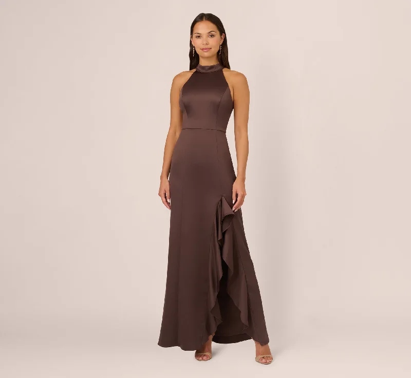 formal dresses with lace overlays for vintage-inspired style --Satin Halter Mermaid Gown With Ruffle Trim In Dark Brown