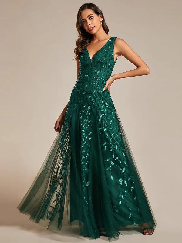 formal dresses for winter balls with faux fur accents --Shiny V-Neck Sequin Sleeveless Evening Dress with Tulle