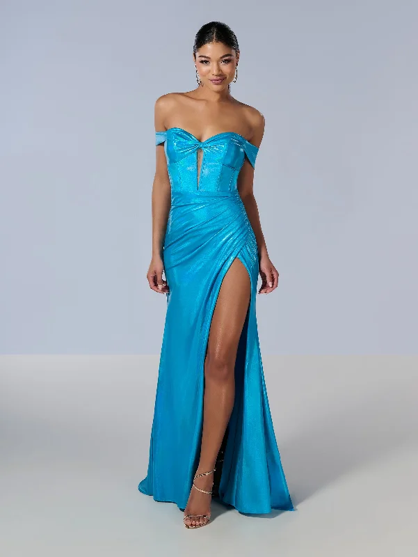 formal dresses with lace necklines for feminine touch --Metallic Off Shoulder Slit Gown by Tiffany Designs 16186