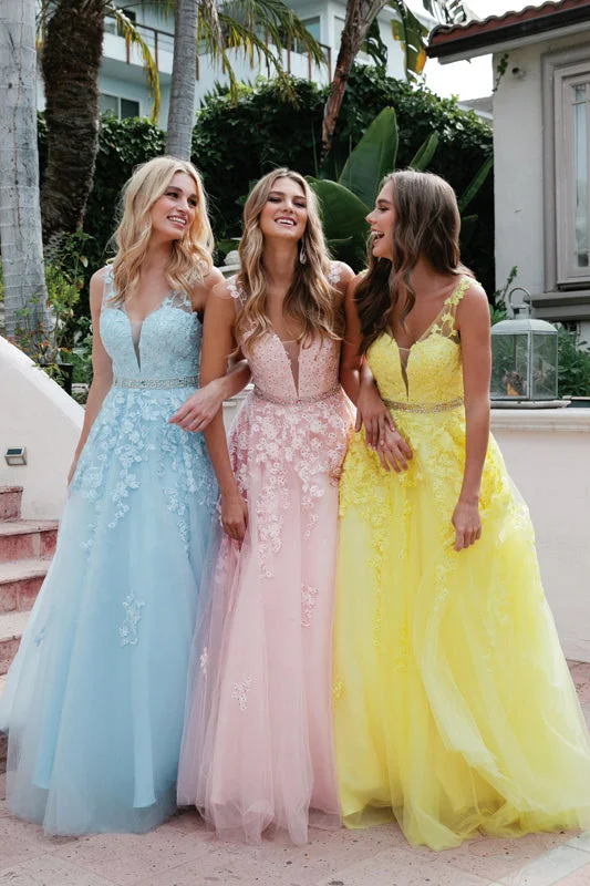 cocktail dresses with mesh inserts for edgy style --Floral Applique V-Neck Tulle Gown by Juliet 224