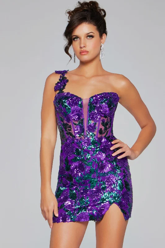 Pretty pastel dresses for springtime parties -Floral Sequin Short One Shoulder Dress by Jovani 40647