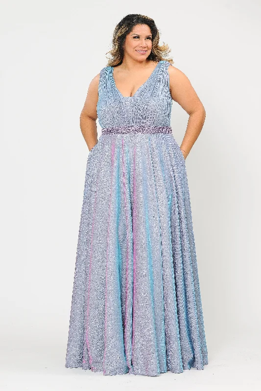 Best wedding guest dresses for evening galas -Plus Size Long Sleeveless A-line Glitter Dress by Poly USA W1082