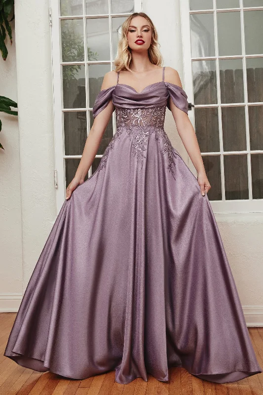 cocktail dresses with wrap skirts for adjustable fit --Off Shoulder Satin A-line Slit Gown by Ladivine OC012