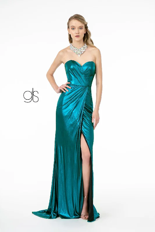 formal dresses for business galas with classic cuts --Long Strapless Faux Wrap Metallic Dress by Elizabeth K GL2894