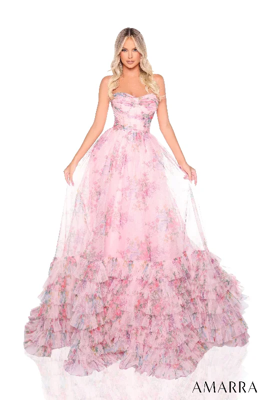formal dresses with lace sleeves for classic elegance --Print Strapless A-line Ruffled Gown by Amarra 88381