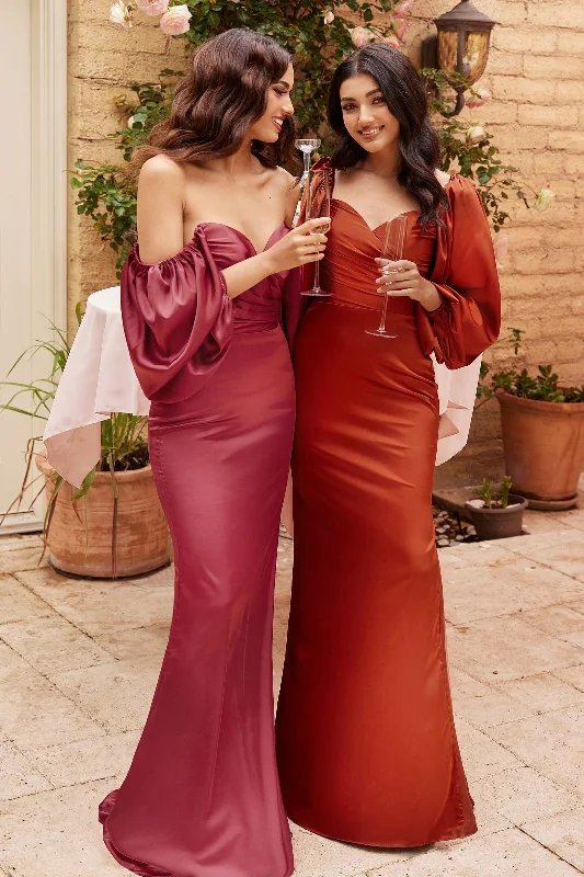 Stunning navy wedding guest dresses for classic elegance -Fitted Long Sleeve Satin Gown by Cinderella Divine 7482