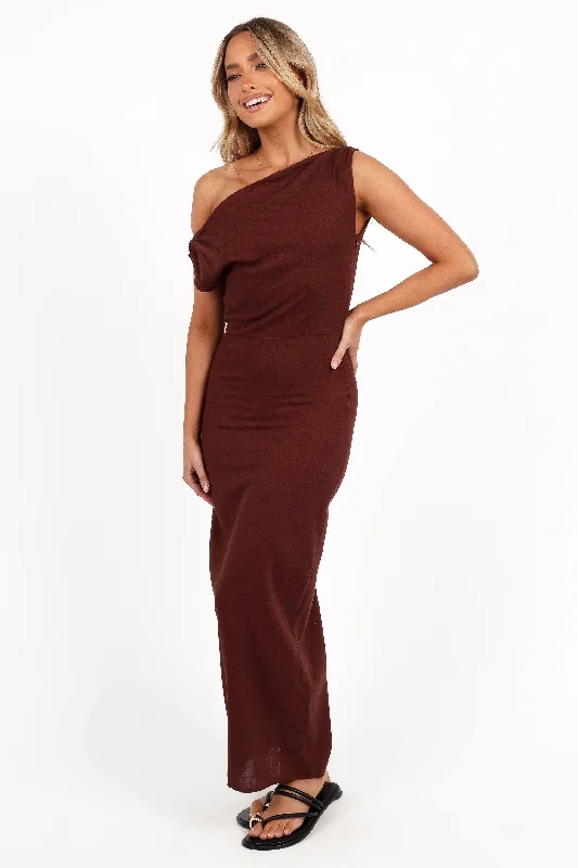 cocktail dresses for petite women with A-line skirts --Kassie Off Shoulder Dress - Chocolate Brown
