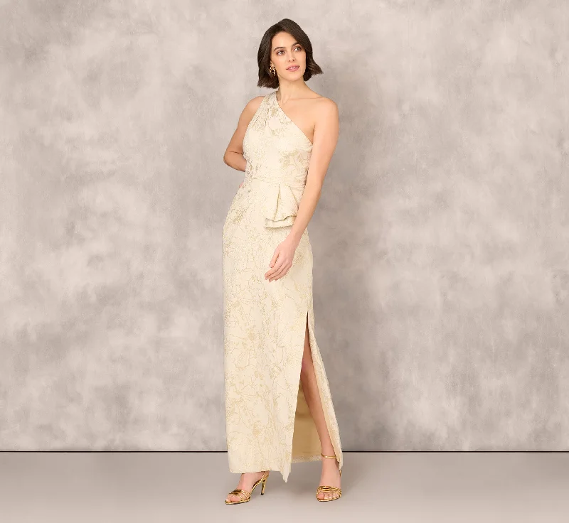 formal dresses with off-shoulder sleeves for summer events --One Shoulder Metallic Stretch Jacquard Column Gown In Light Gold